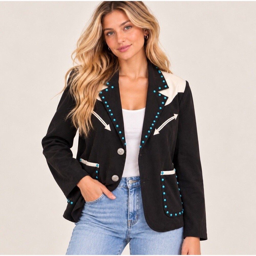 Crazy Train Blazer Women M Black Western Turquoise Studded Cowgirl Jacket